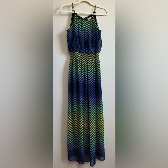 Sweet Storm Women’s Green Blue Chevron Spaghetti Strap Maxi Dress Size L - Picture 1 of 8